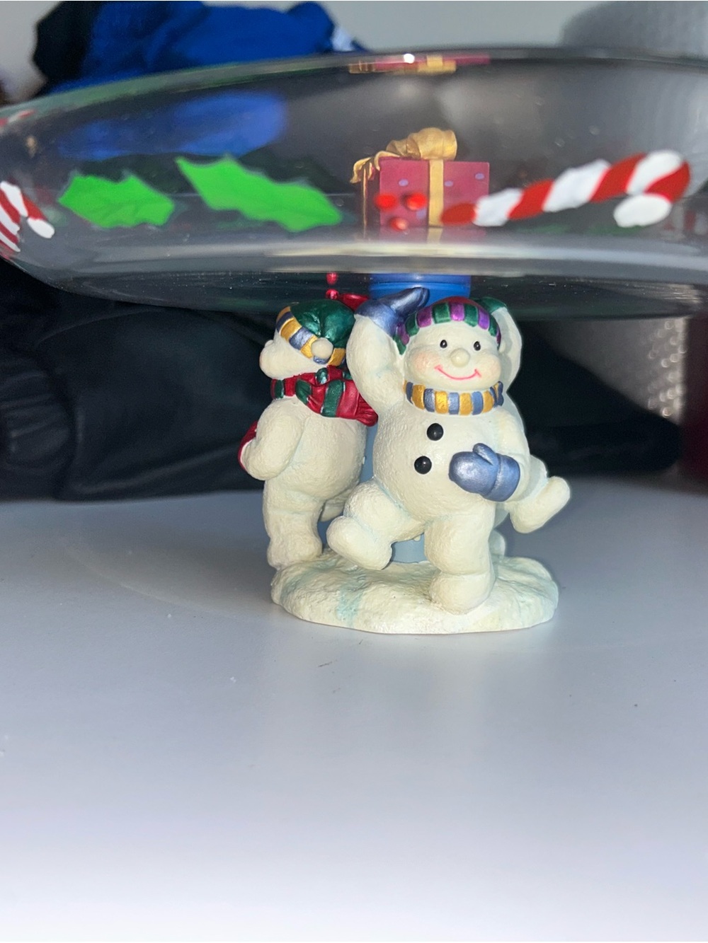 Holiday Snowman Glass Serving Bowl with Candy Cane Trim - Picture 2 of 5
